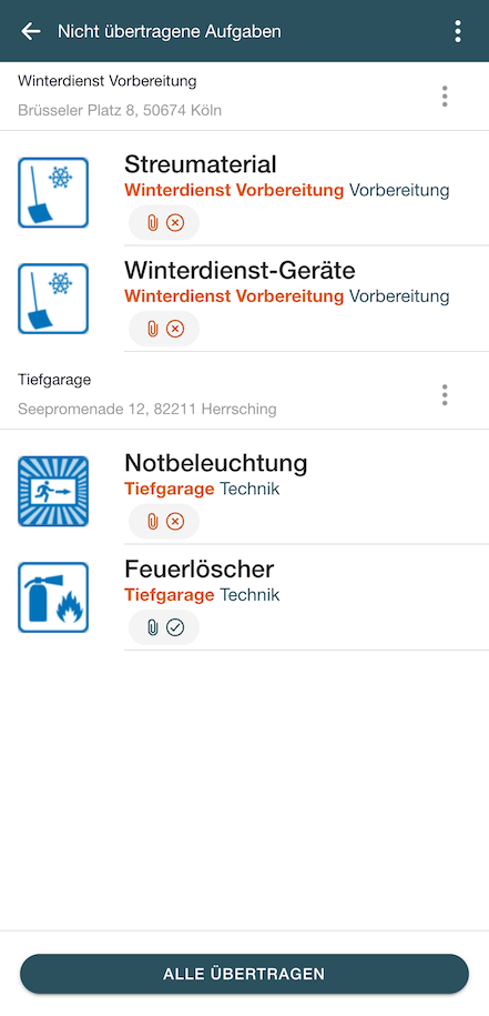 immocheck-app: Aufgabenliste mit nicht übertragenen Aufgaben im Offline-Modus