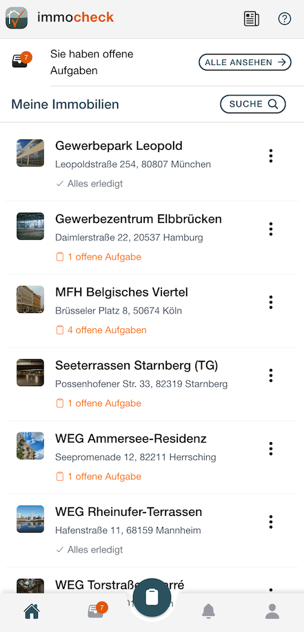 immocheck-pp: Übersicht der verwalteten Immobilien für den angemeldeten Nutzer